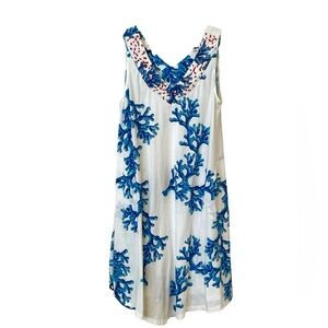 Coral print w/red coral beading summer dress